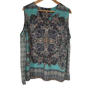 Violet + Claire 2X Sleeveless‎ V-Neck Blouse Blue Orange Paisley Print Top